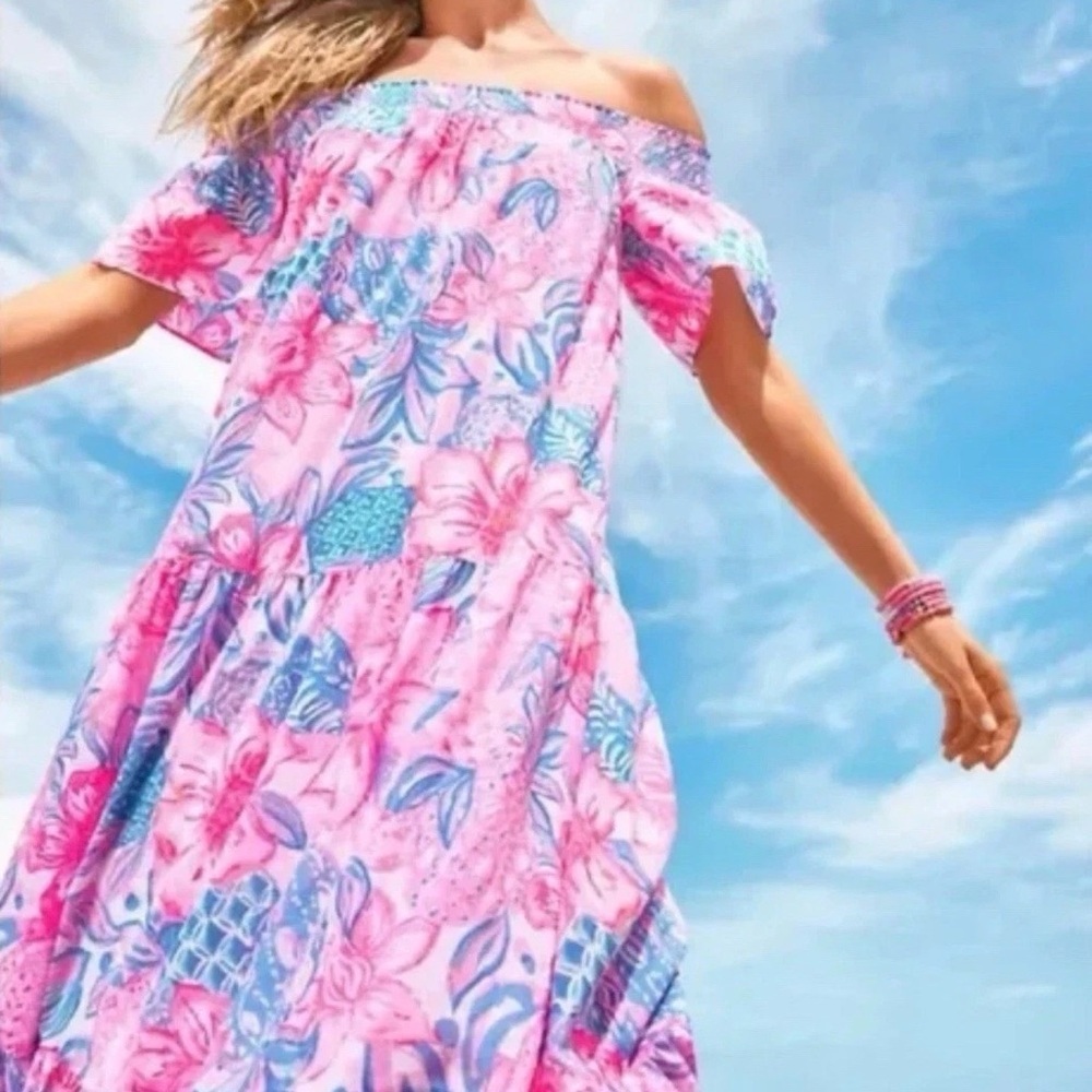 $208 NEW Lilly Pulitzer DEZI OFF THE SHOULDER Maxi Dress Pink Isle Turtle MEDIUM